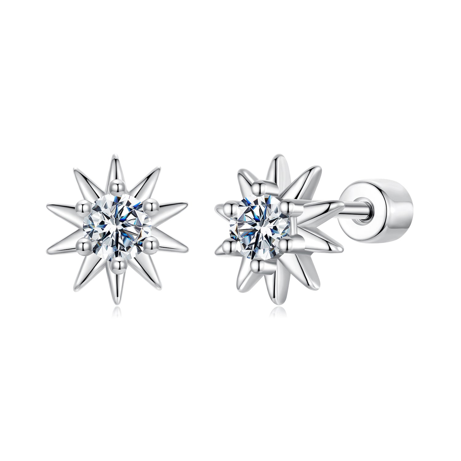 Star-shaped silver earrings with clear gemstones on a white background