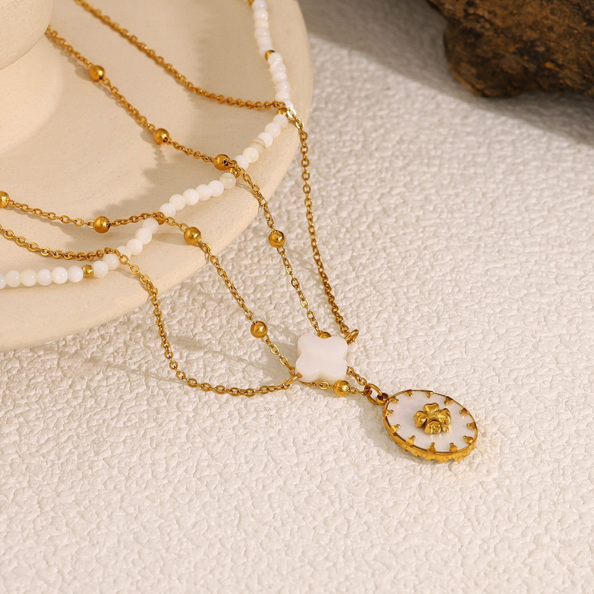 Medallion Layered Necklace with Metal Shells
