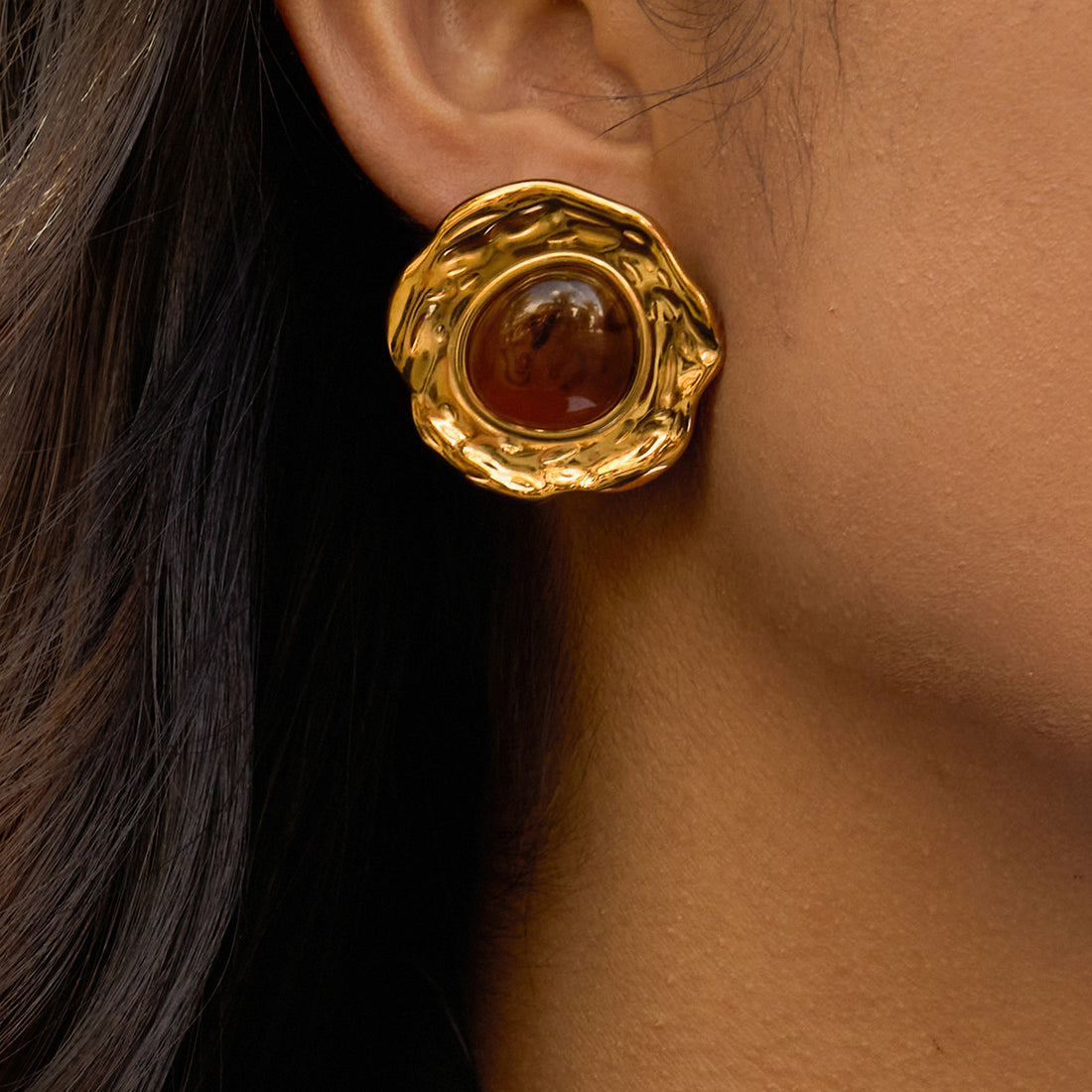Organic Tiger Eye Gold Studs