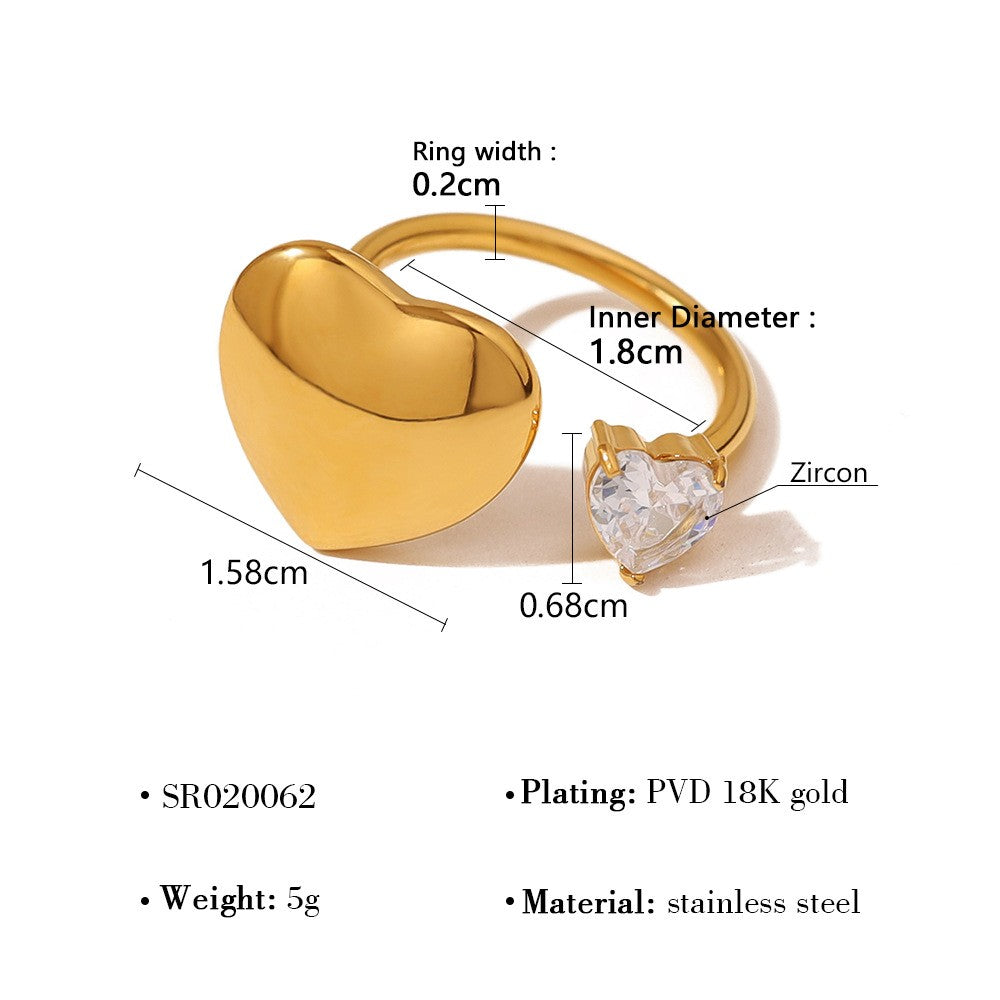Gold Heart Charm Ring with Zircon-17mm