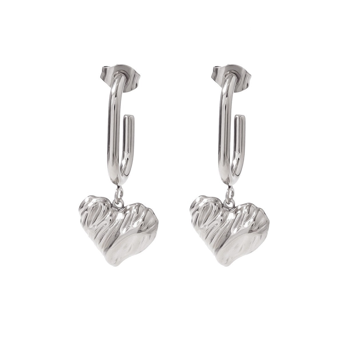 Textured Heart Drop Earrings  Silver
