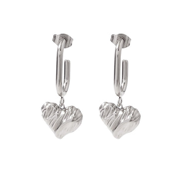 Textured Heart Drop Earrings  Silver