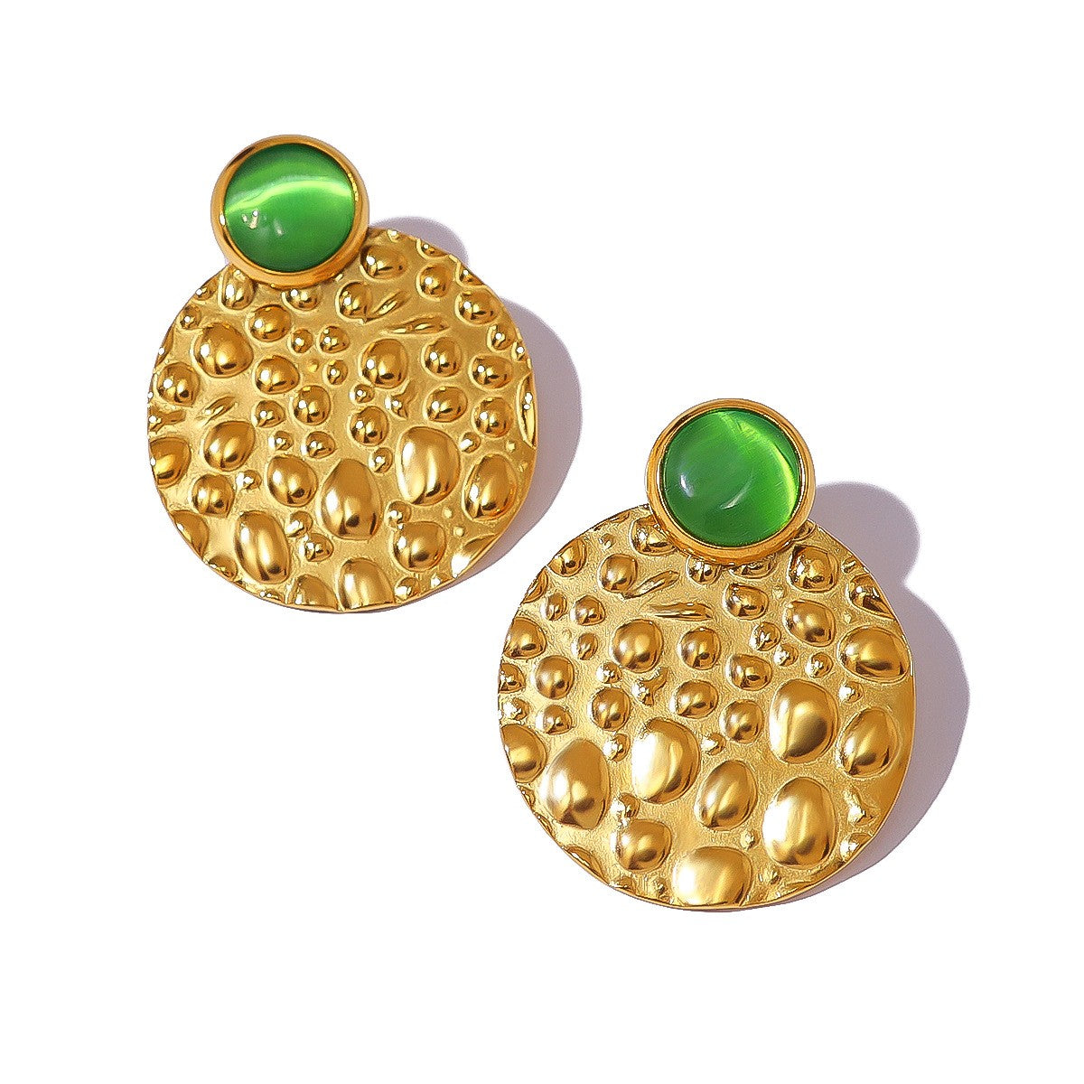Textured Disc & Green Stone Studs