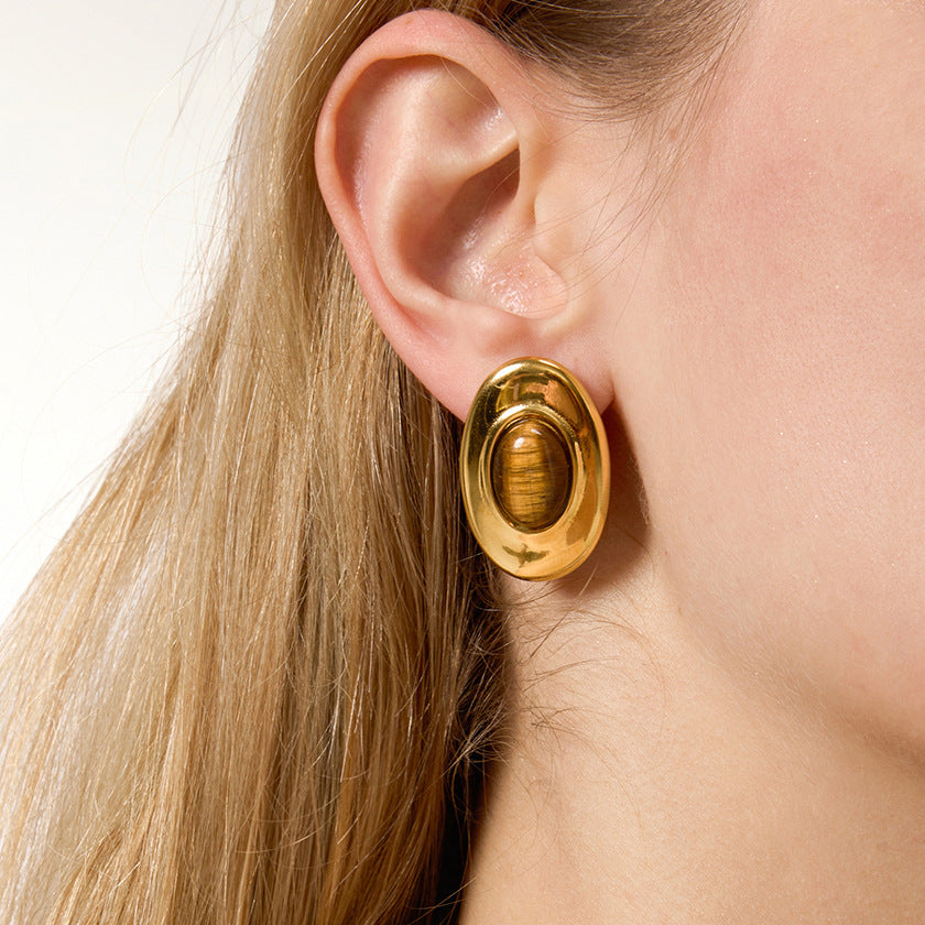 Oval Tiger Eye Gold Studs