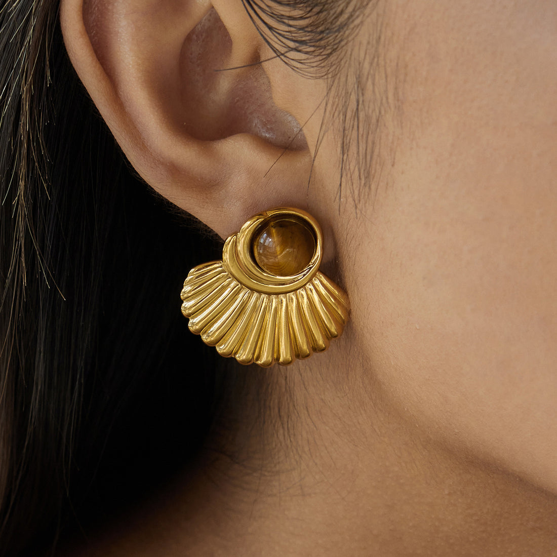 Fan Shape Tiger Eye Studs