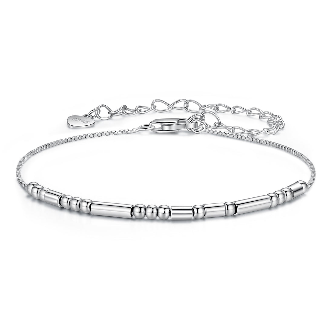 Silver bracelet with cylindrical beads on a white background