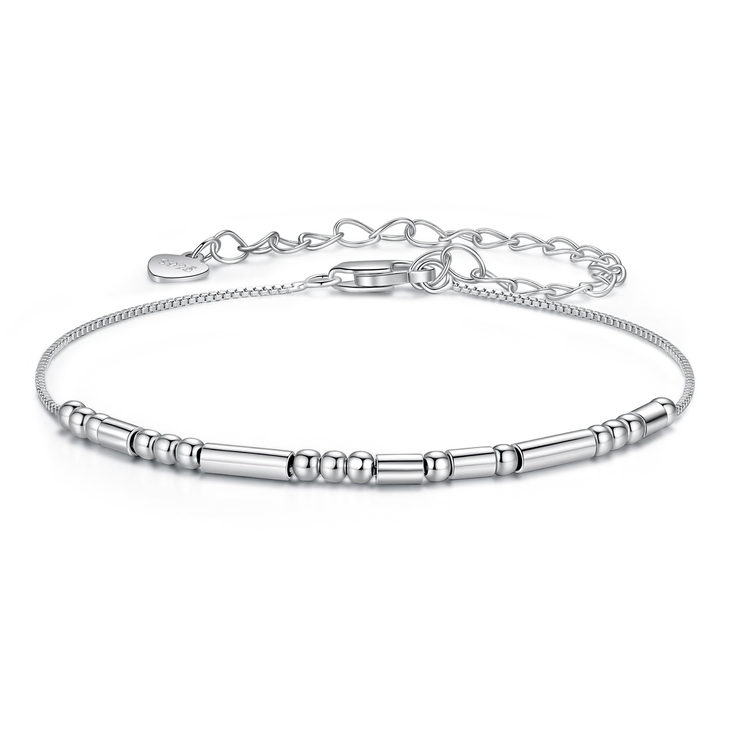 Silver bracelet with cylindrical beads on a white background