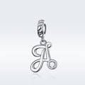 Silver pendant with letter 'A' and small round gemstone on a light gray background