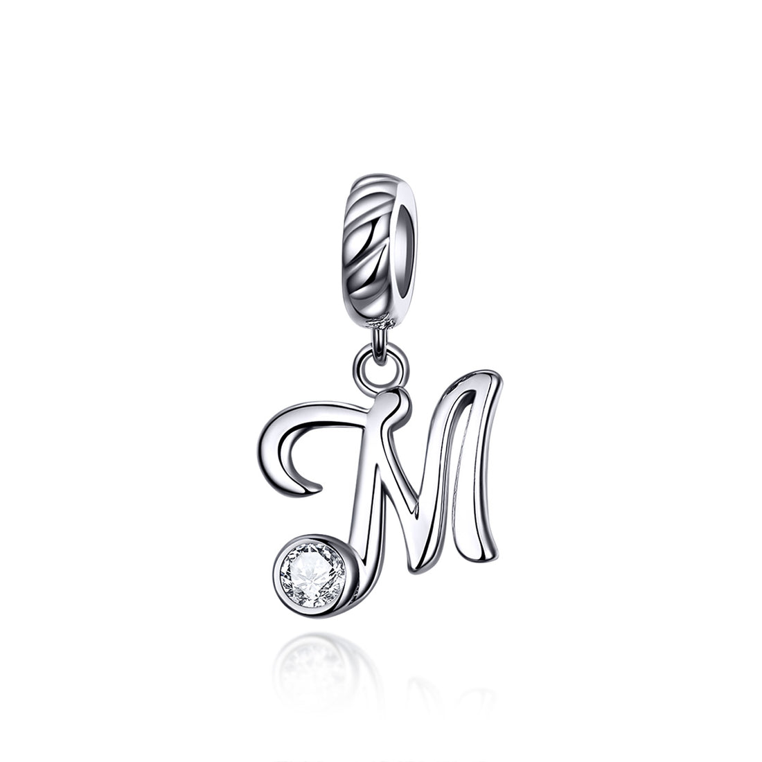 Silver pendant with letter 'M' and clear gemstone on a white background