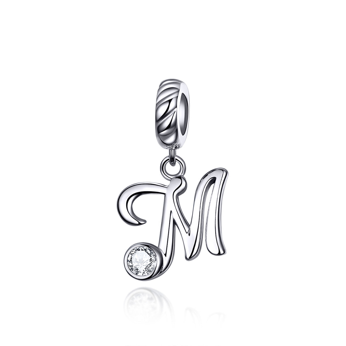 Silver pendant with letter 'M' and clear gemstone on a white background