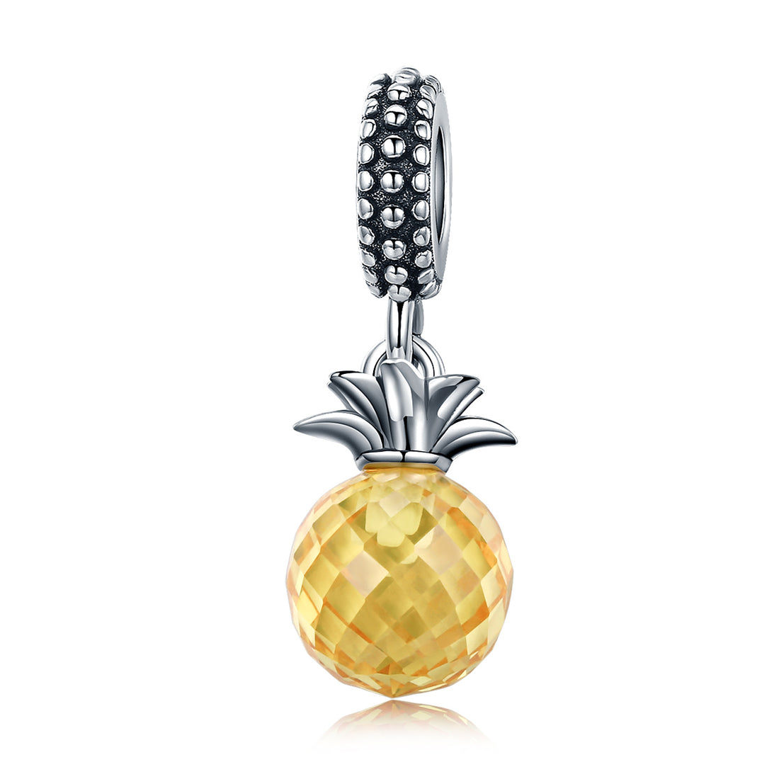 Pineapple-shaped charm with yellow center and silver top on a white background