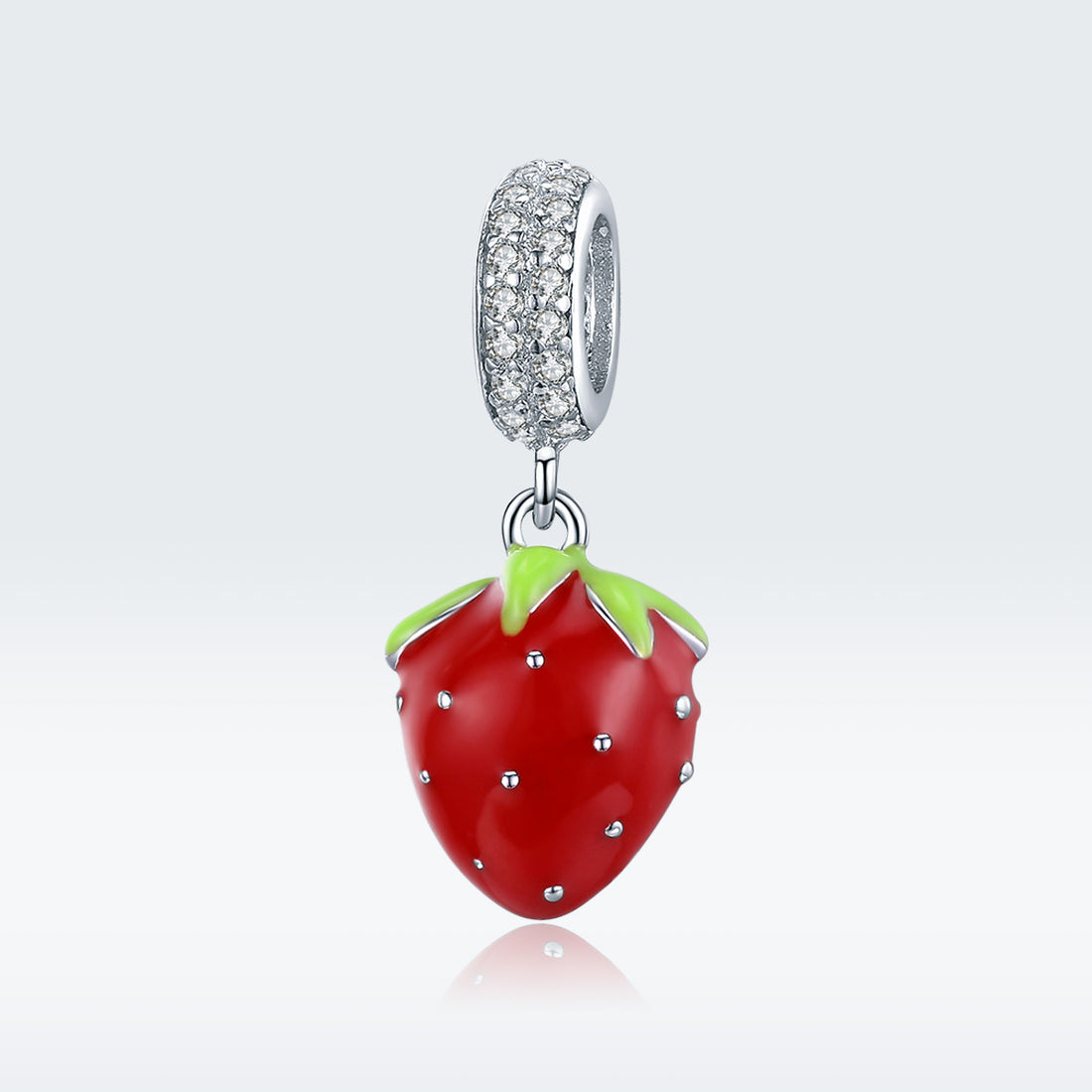 Strawberry-shaped pendant with a silver clasp on a light gray background