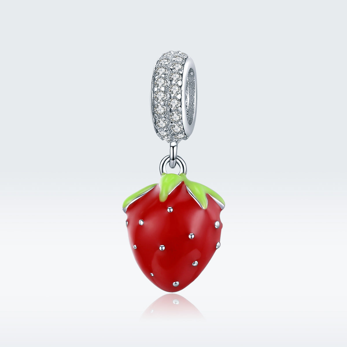 Strawberry-shaped pendant with a silver clasp on a light gray background
