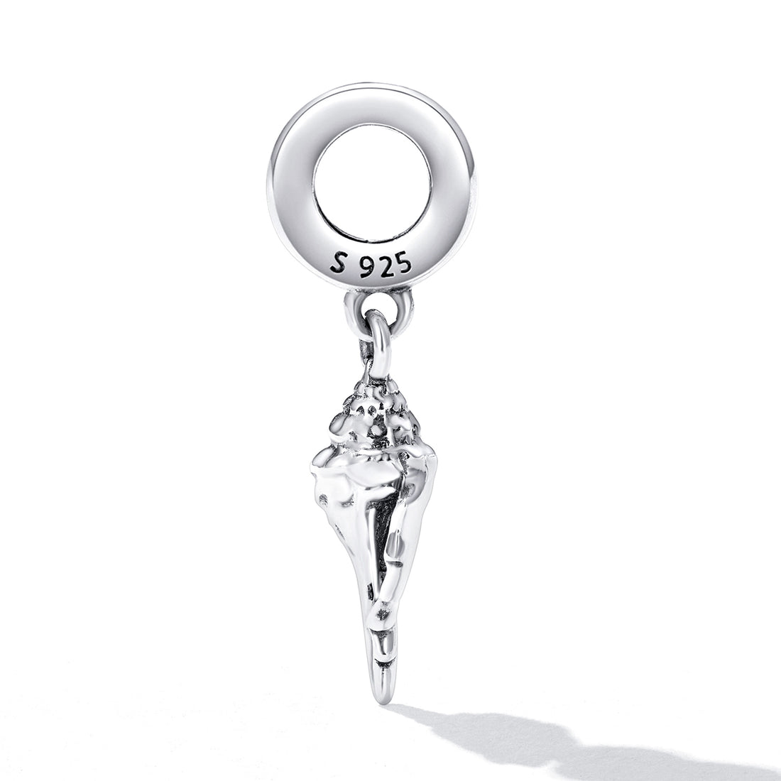 Silver shell charm with 'S 925' marking on a white background