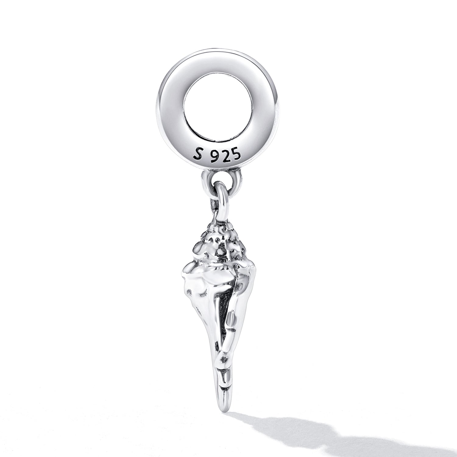 Silver shell charm with 'S 925' marking on a white background