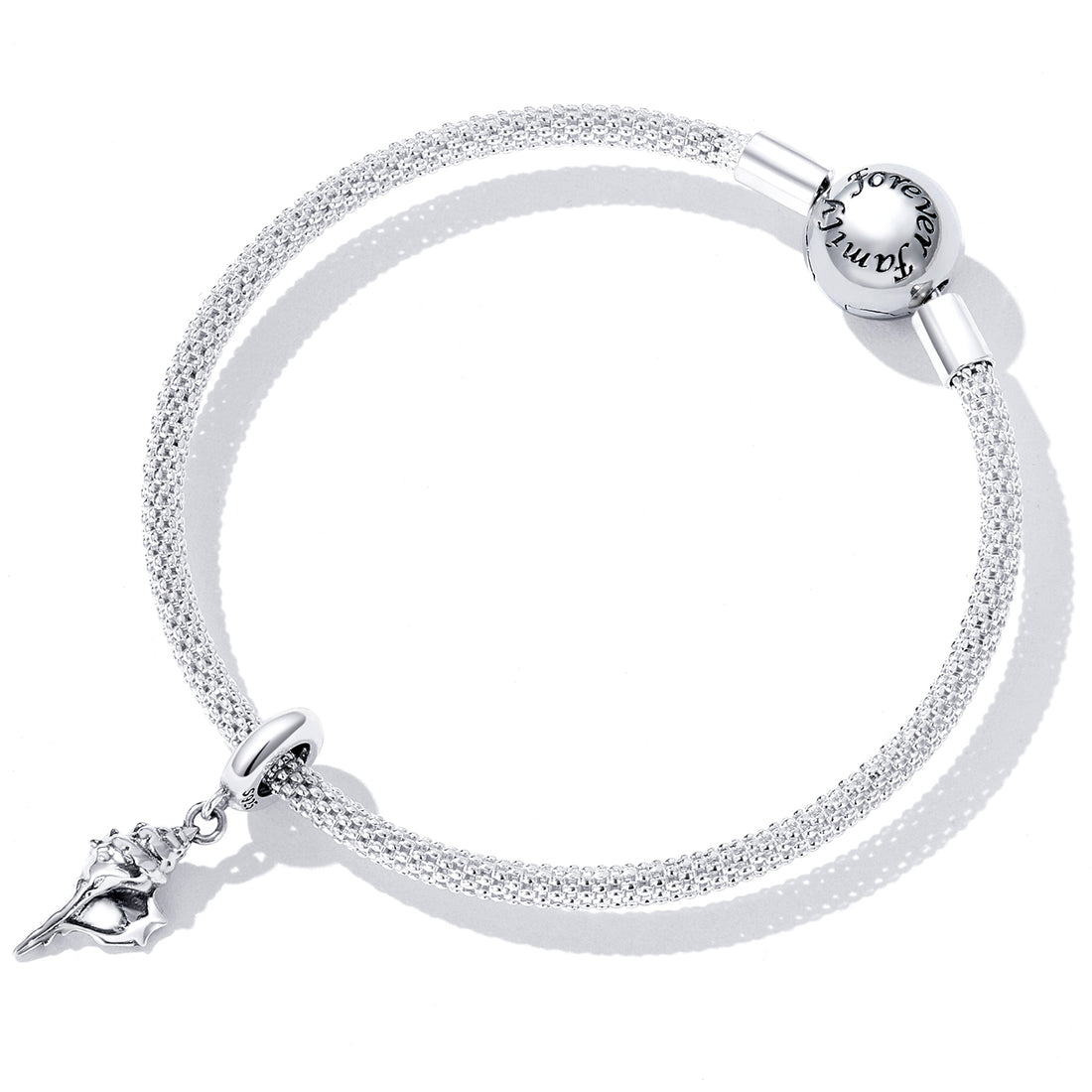 Silver shell charm with 'S 925' marking on a white background
