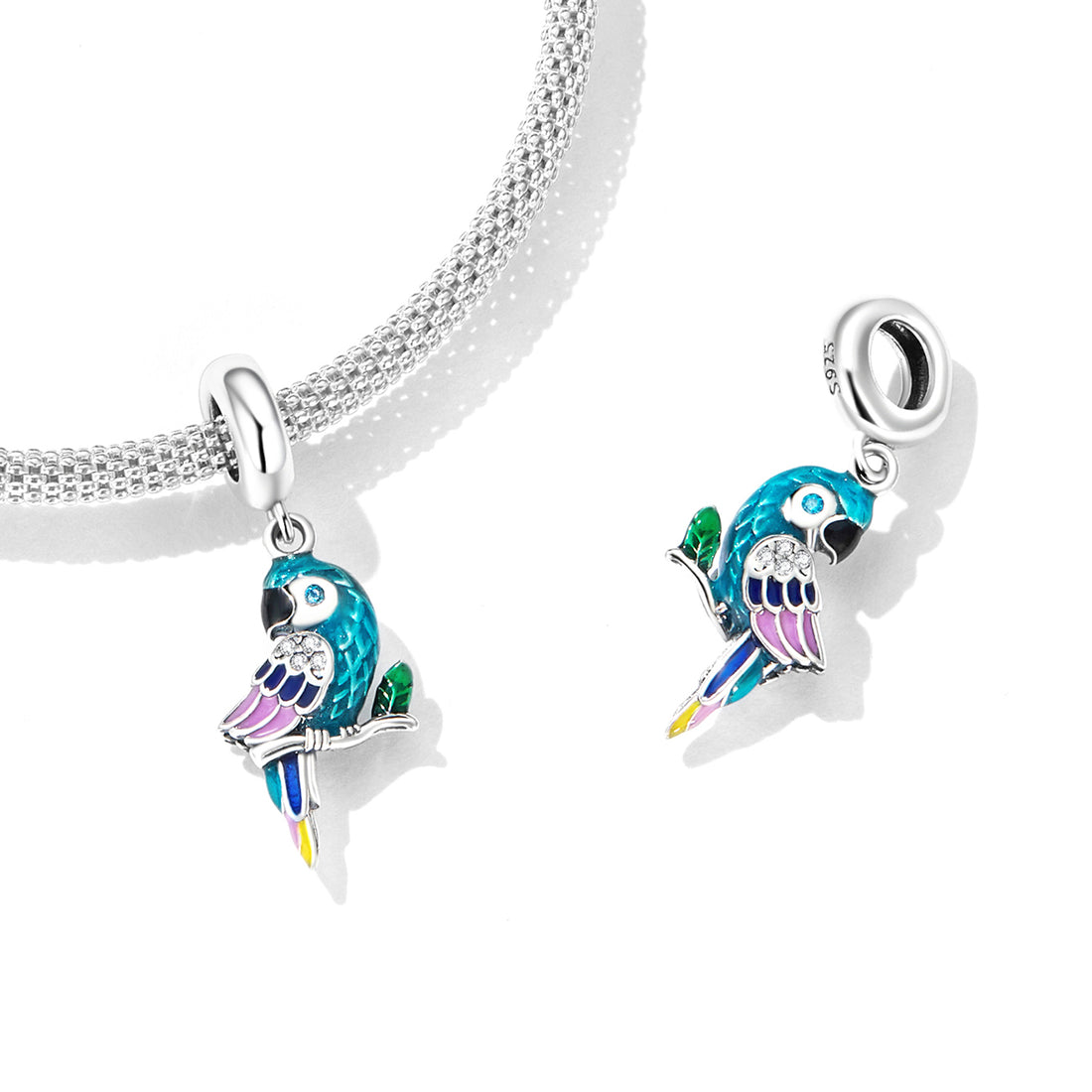 Parrot-shaped charm with colorful design on a white background