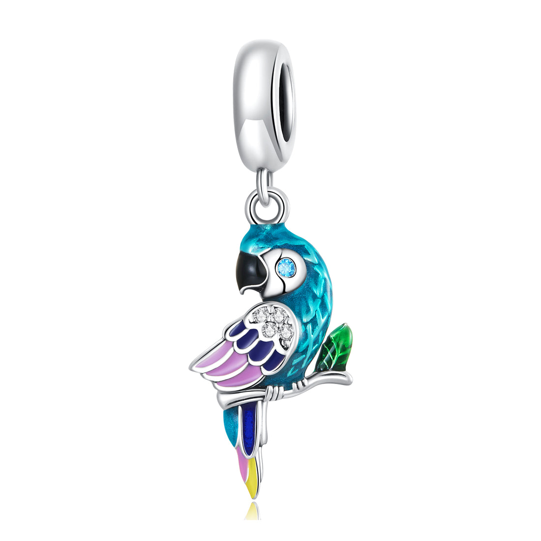 Parrot-shaped charm with colorful design on a white background