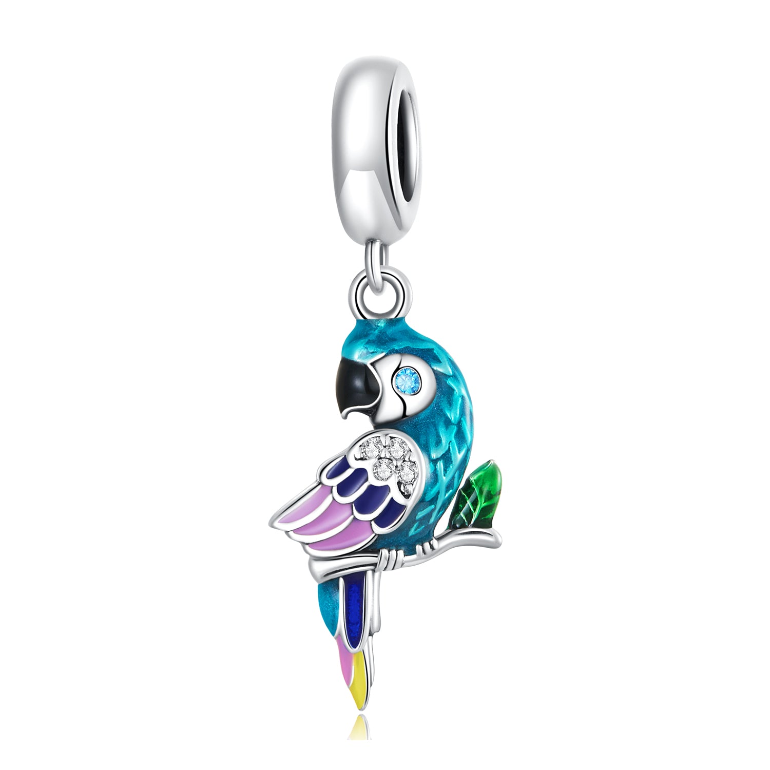 Parrot-shaped charm with colorful design on a white background