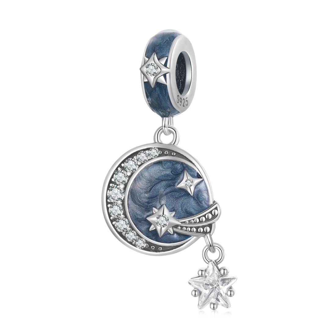 Silver charm with star and moon design on a white background