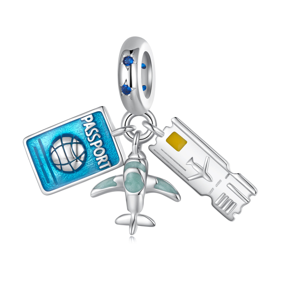 Charm with passport, airplane, and ticket on a white background