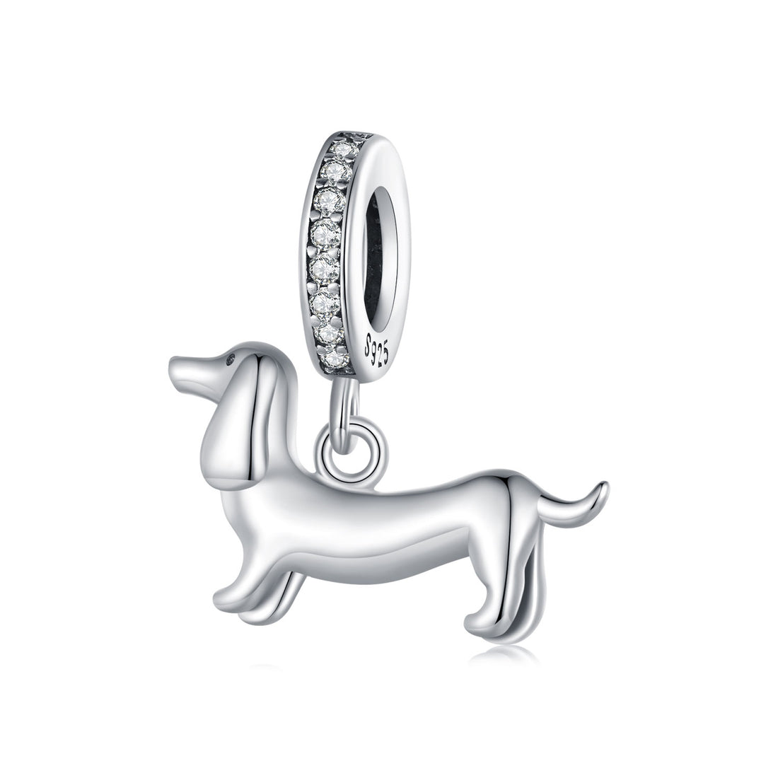 Silver dachshund dog charm with clear stones on a white background
