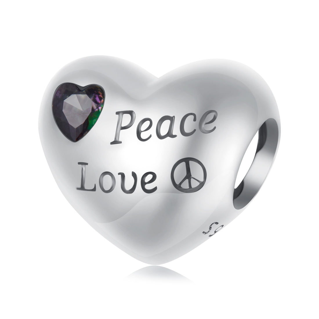 Heart-shaped charm with 'Peace Love' text and purple heart inset on a white background
