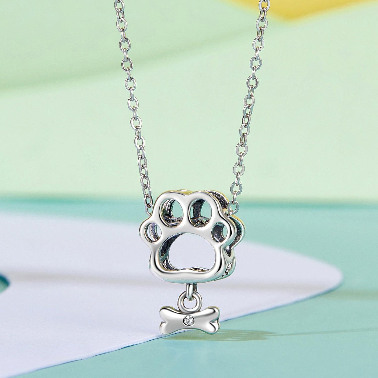 Silver paw print and bone pendant necklace on a colorful background