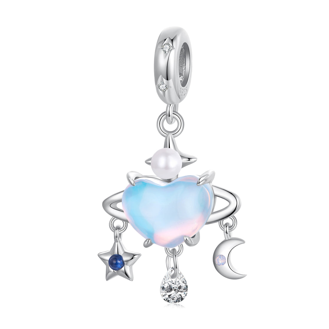 Silver charm with a heart, star, and moon on a white background