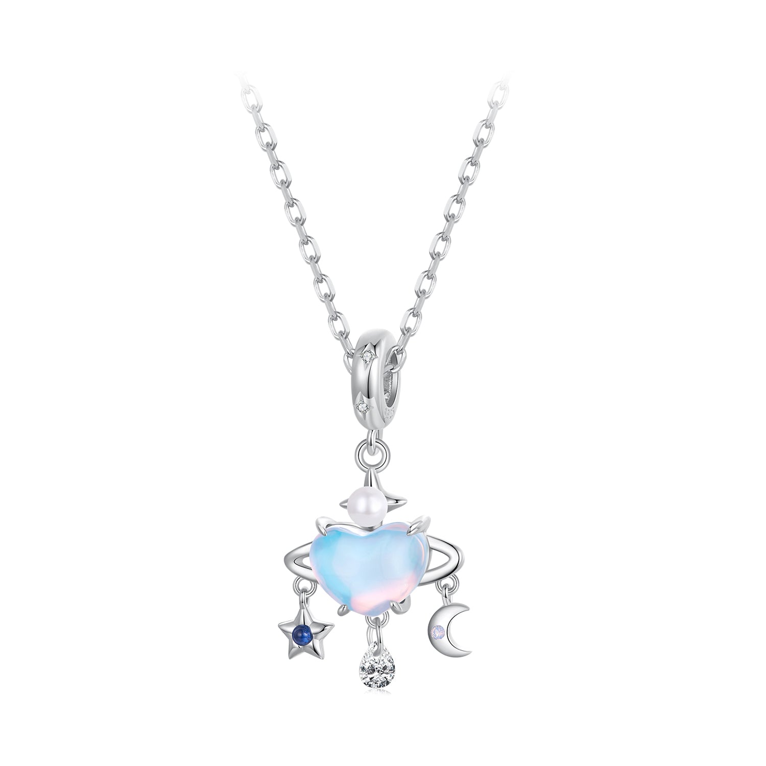 Necklace with a heart-shaped pendant featuring a blue gemstone on a white background