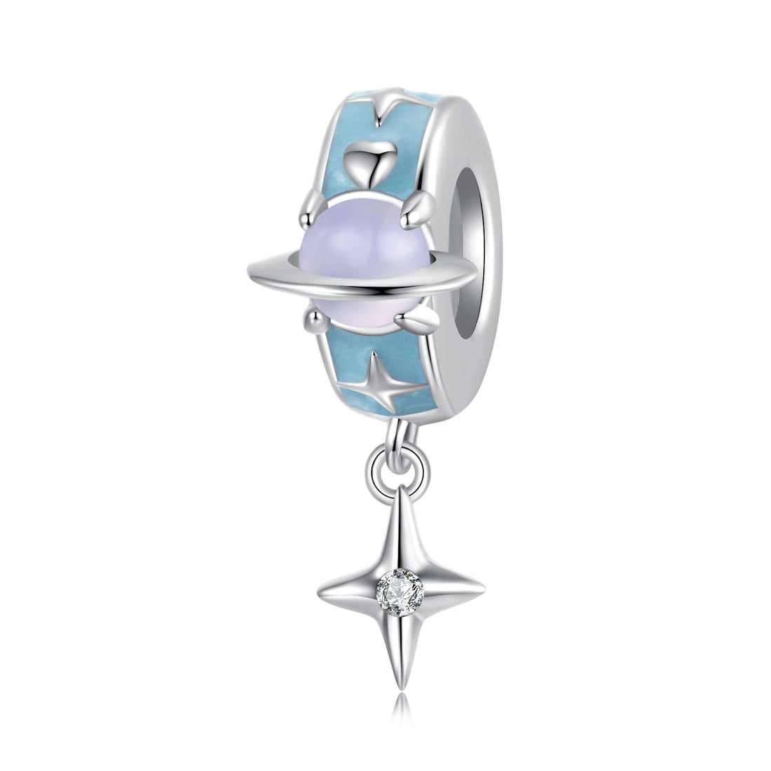 Jewelry charm with blue and silver design on a white background