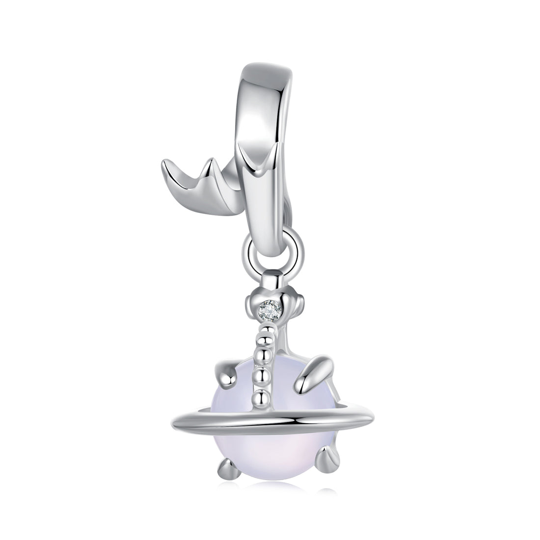 Silver charm with a white bead on a white background
