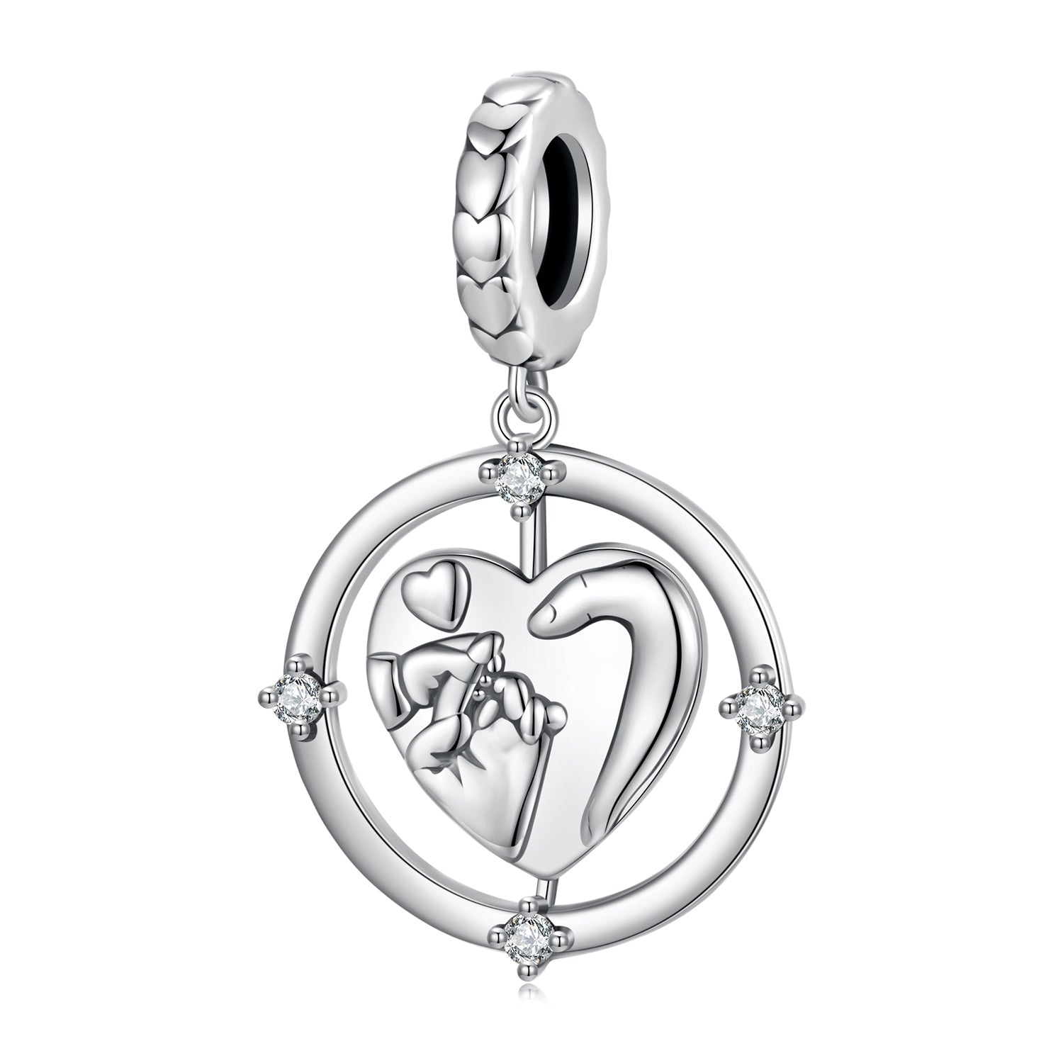 Silver pendant with heart design and small figure, on a white background
