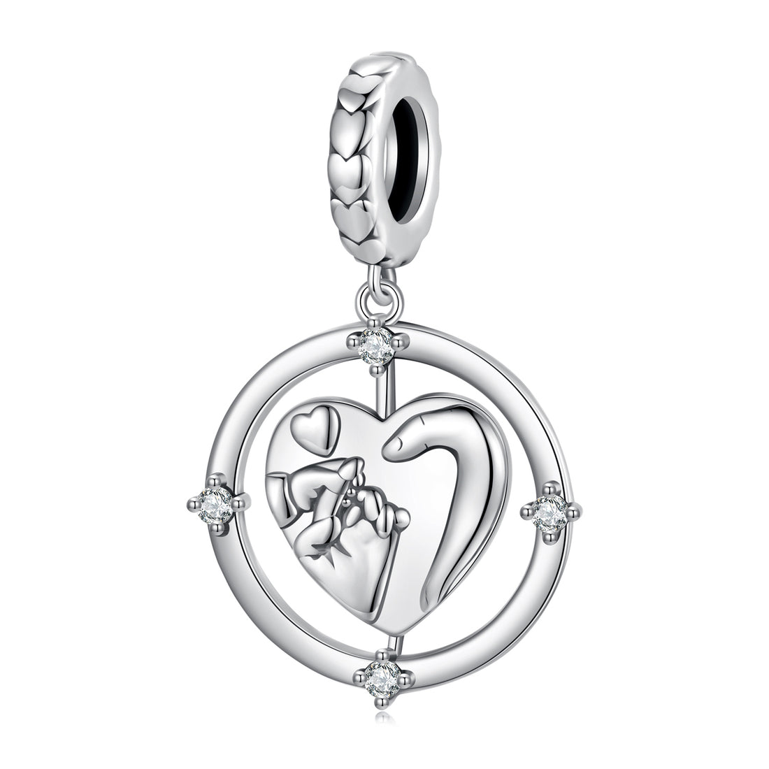 Silver pendant with heart design and small figure, on a white background