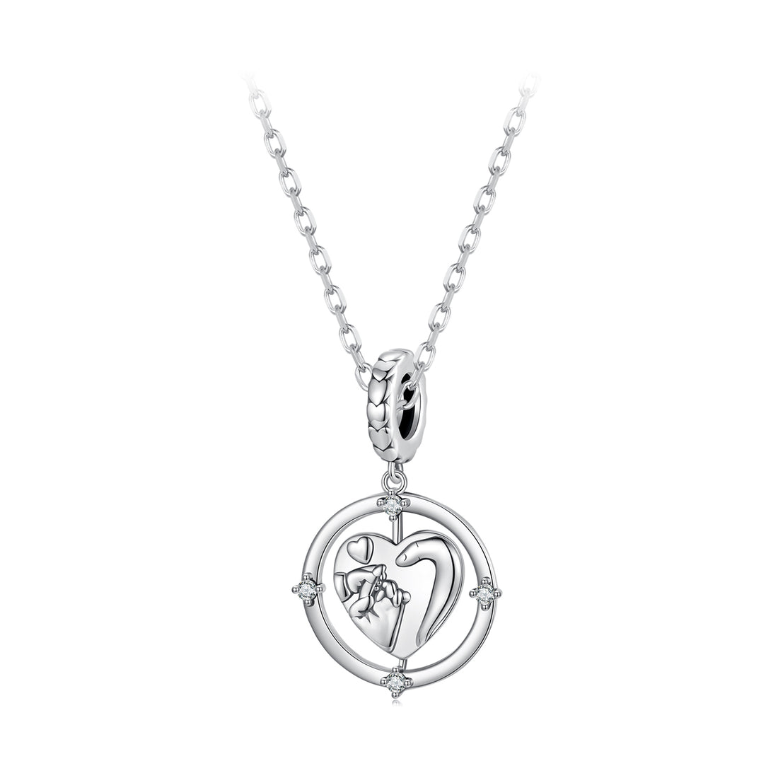 Silver pendant with heart design and small figure, on a white background