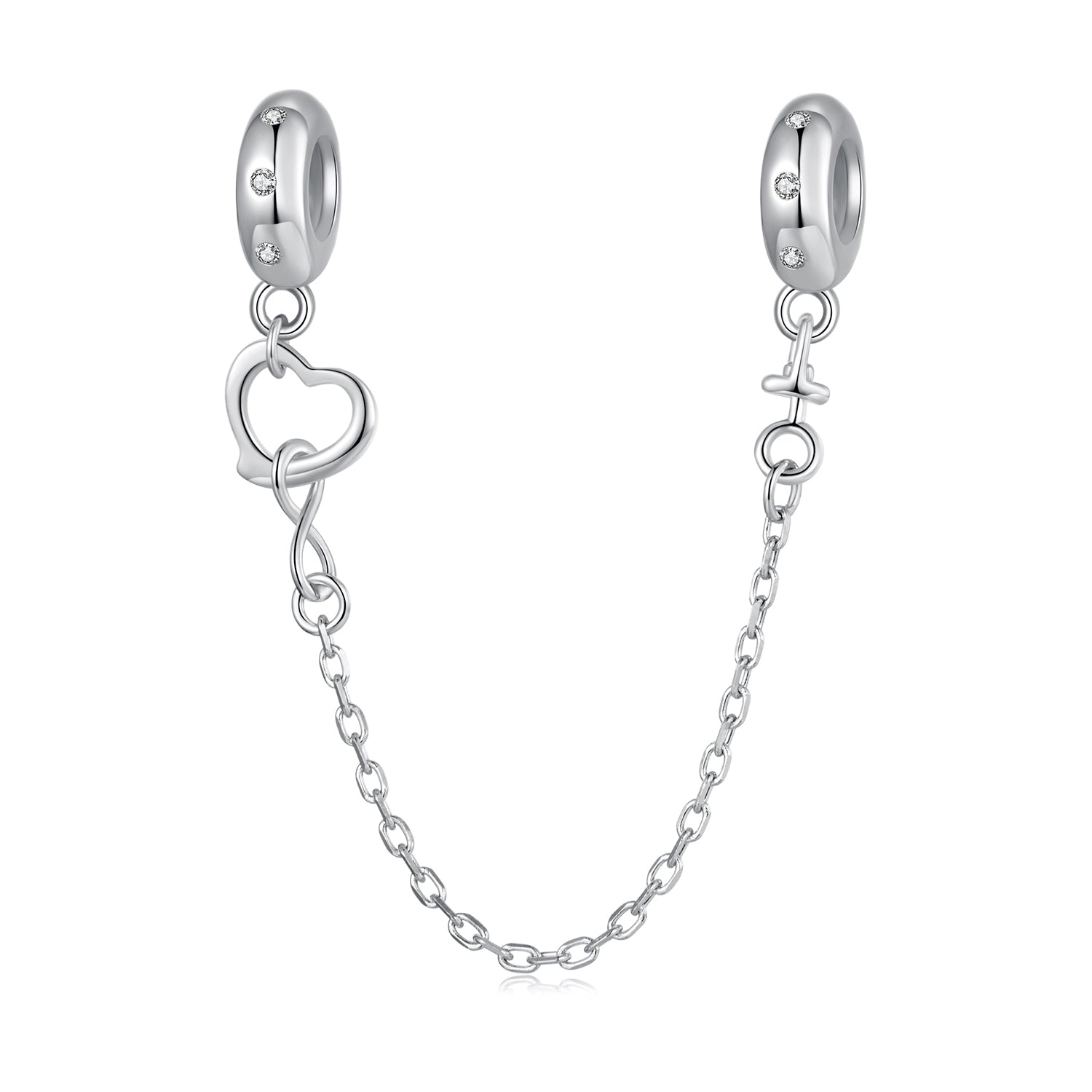 Silver earring with heart charm and chain on a white background