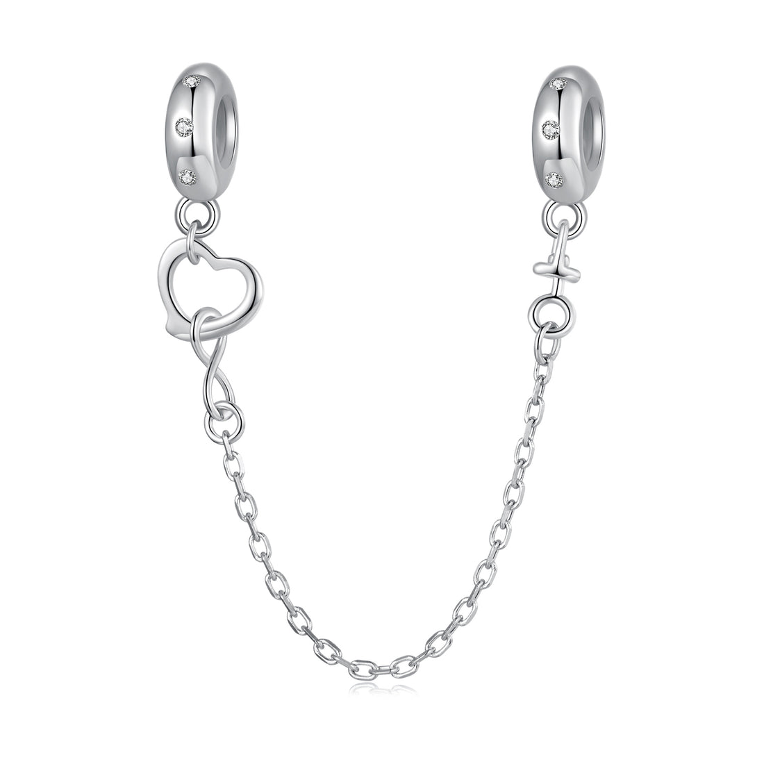 Silver earring with heart charm and chain on a white background