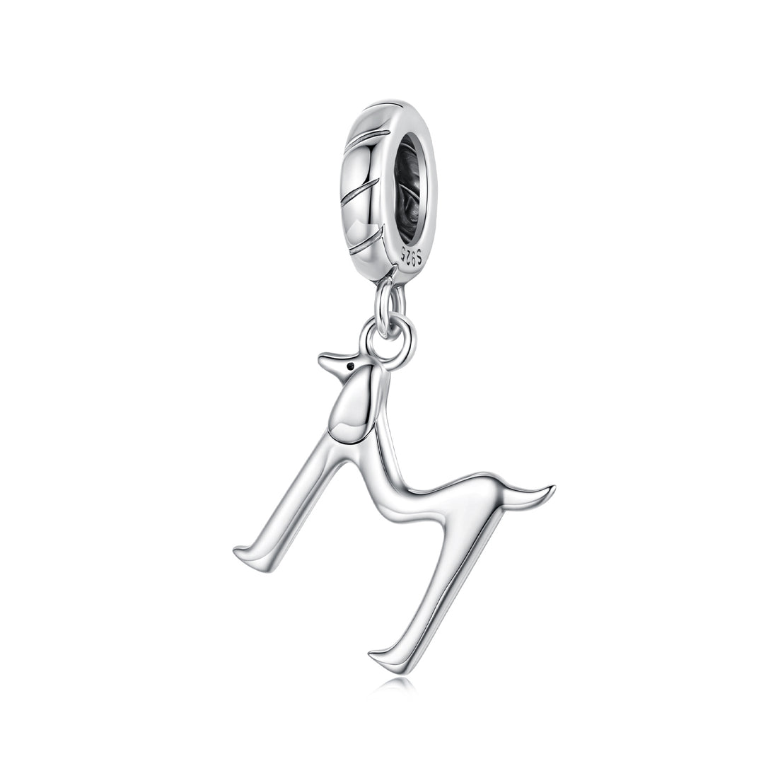 Silver charm shaped like a dog on a white background