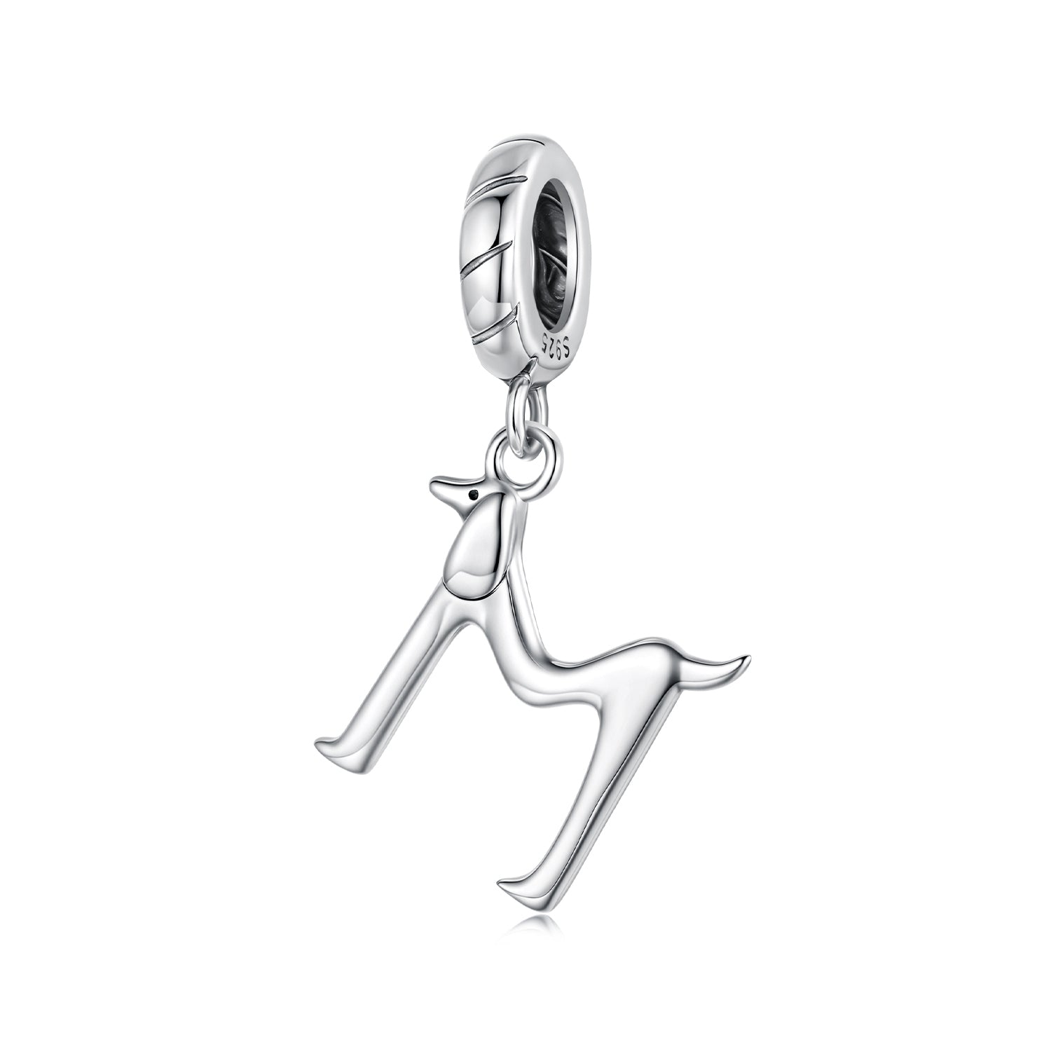 Silver charm shaped like a dog on a white background