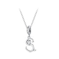Silver necklace with a letter 'S' pendant on a white background