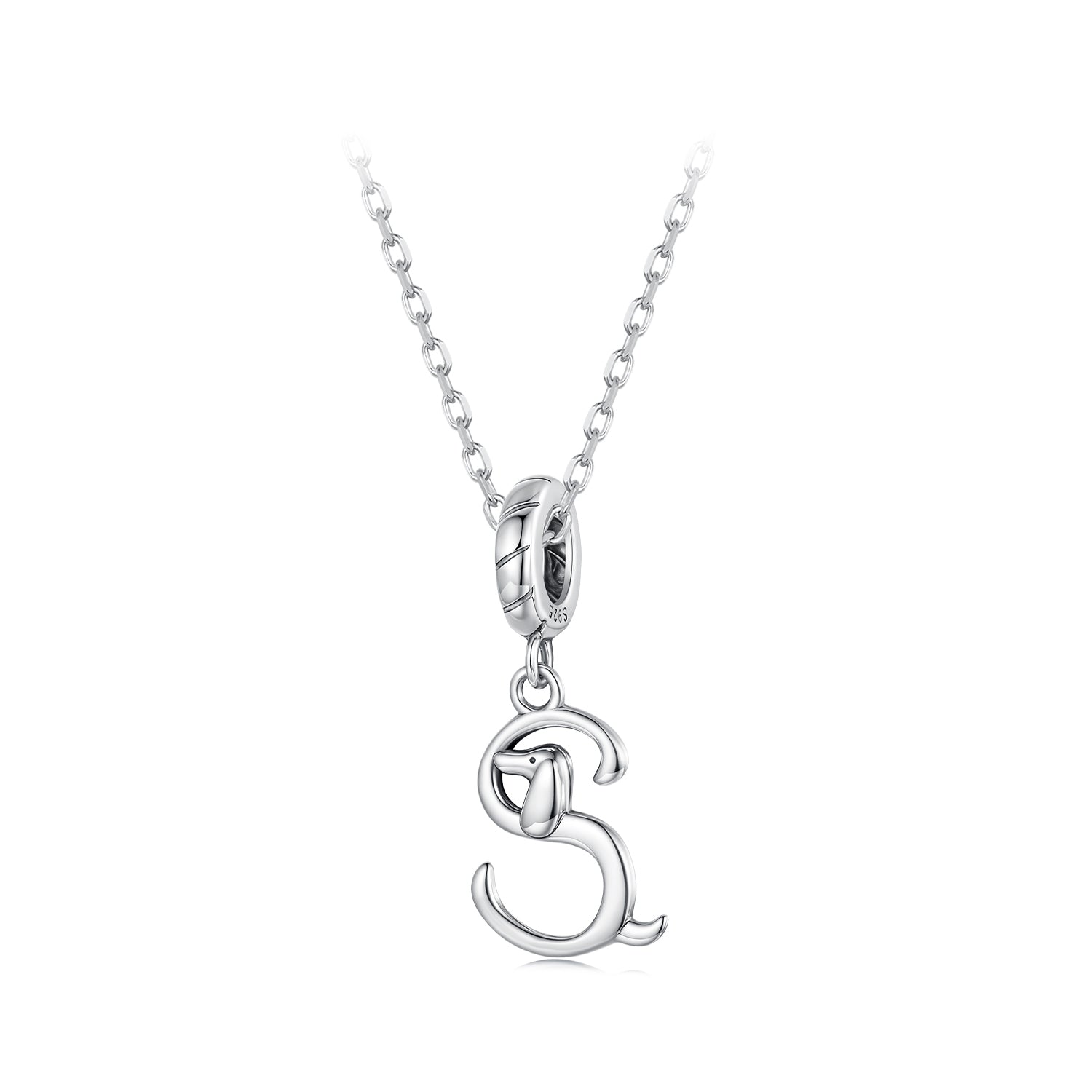 Silver necklace with a letter 'S' pendant on a white background