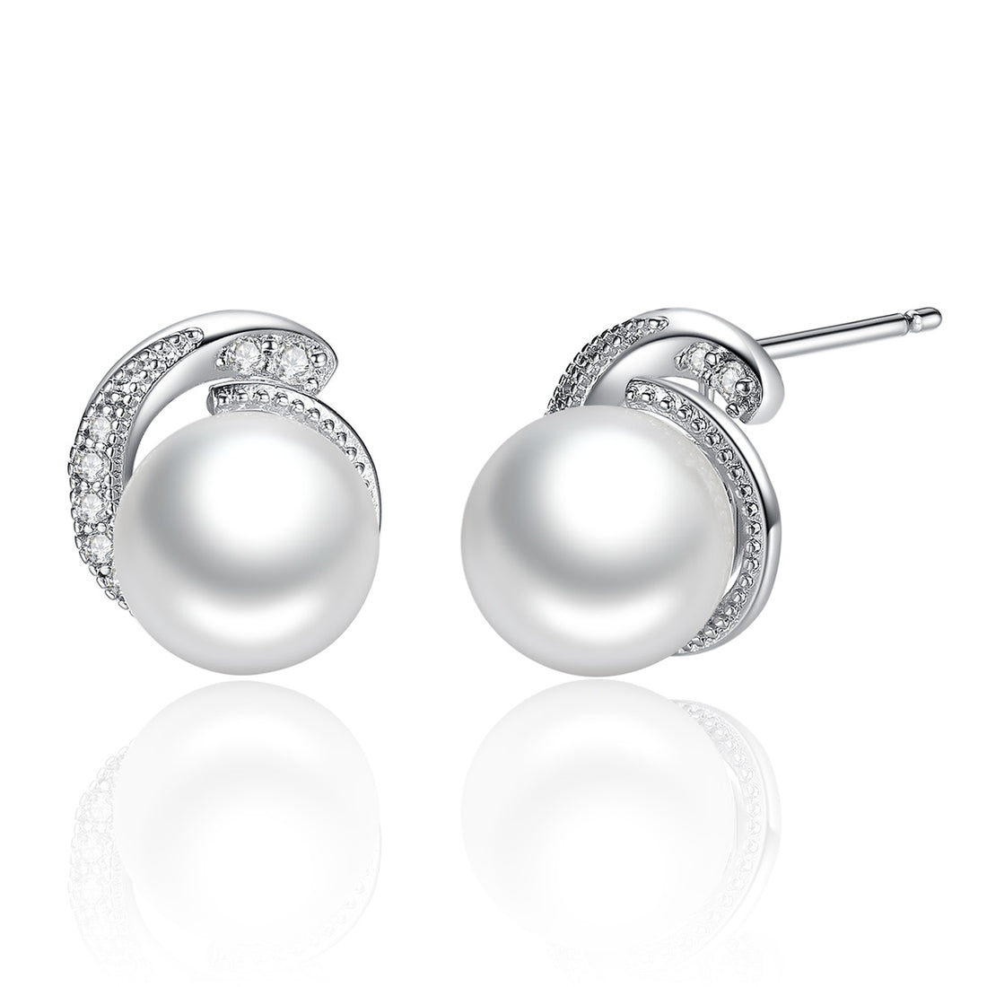 Pearl stud earrings with silver and diamond accents on a white background