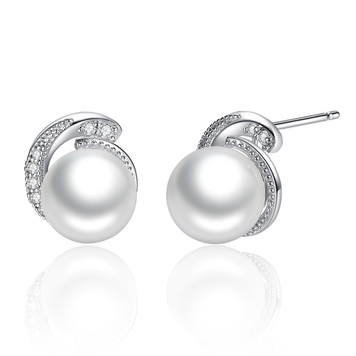 Pearl stud earrings with silver and diamond accents on a white background