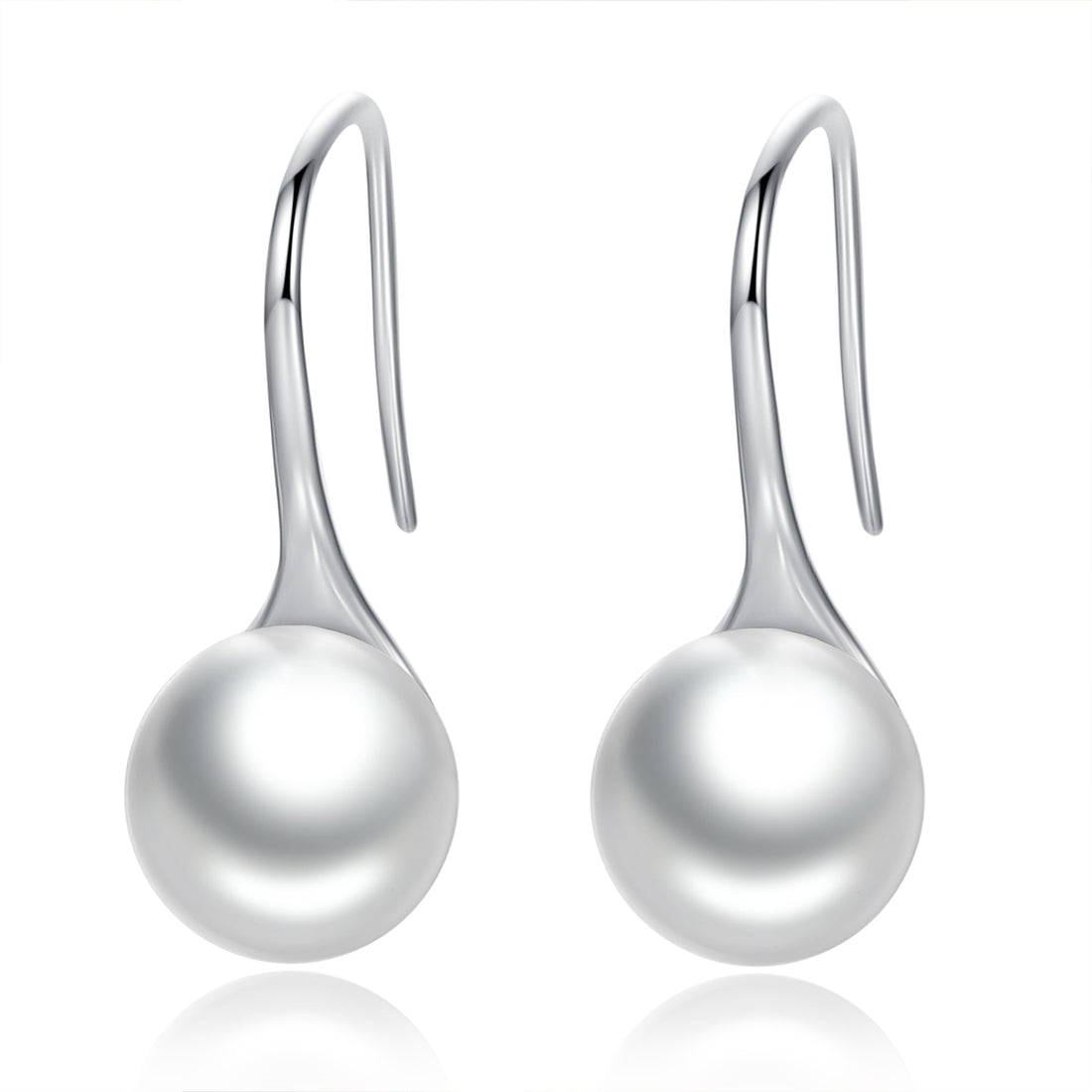 Pair of silver earrings with pearl-like spherical ends on a white background