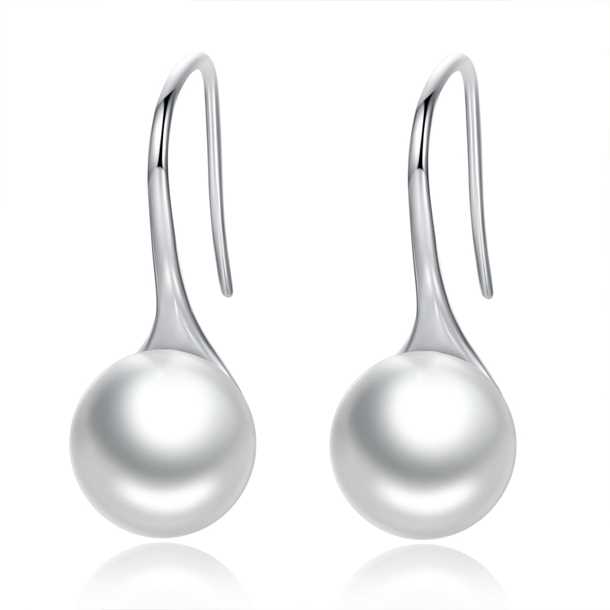 Pair of silver earrings with pearl-like spherical ends on a white background