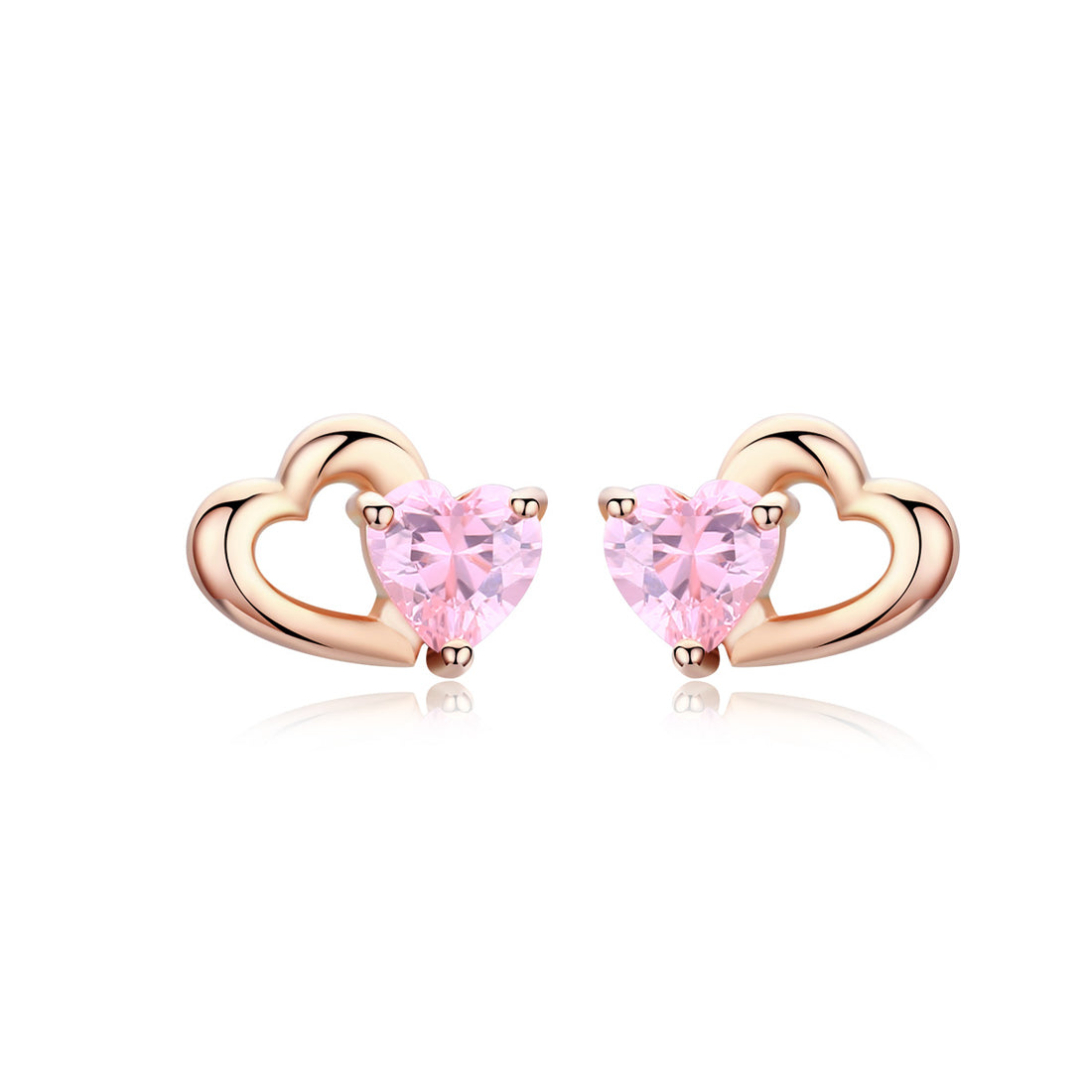 Heart-shaped earrings with pink gemstones and rose gold frames on a white background