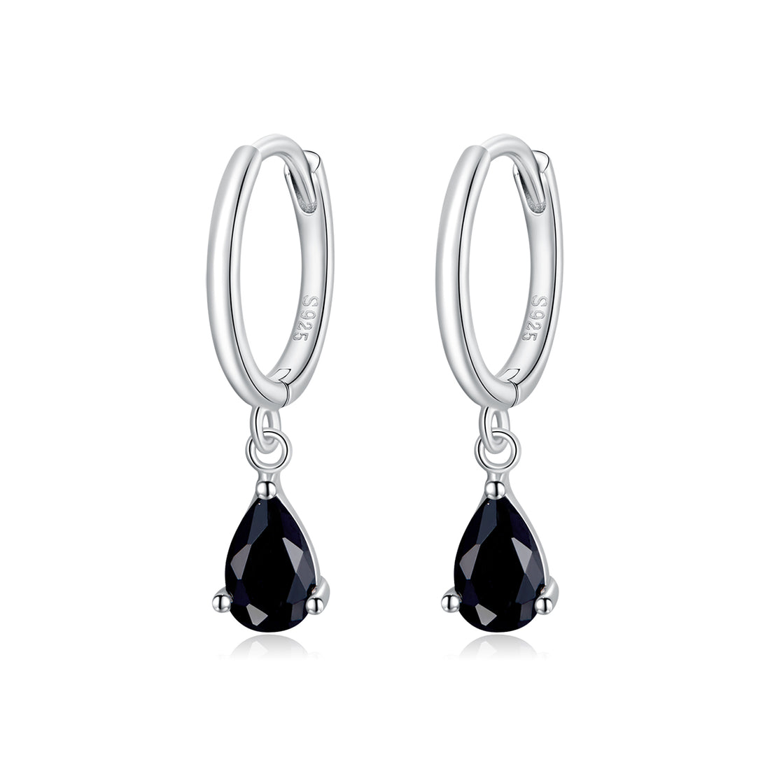 Silver hoop earrings with black teardrop gemstones on a white background