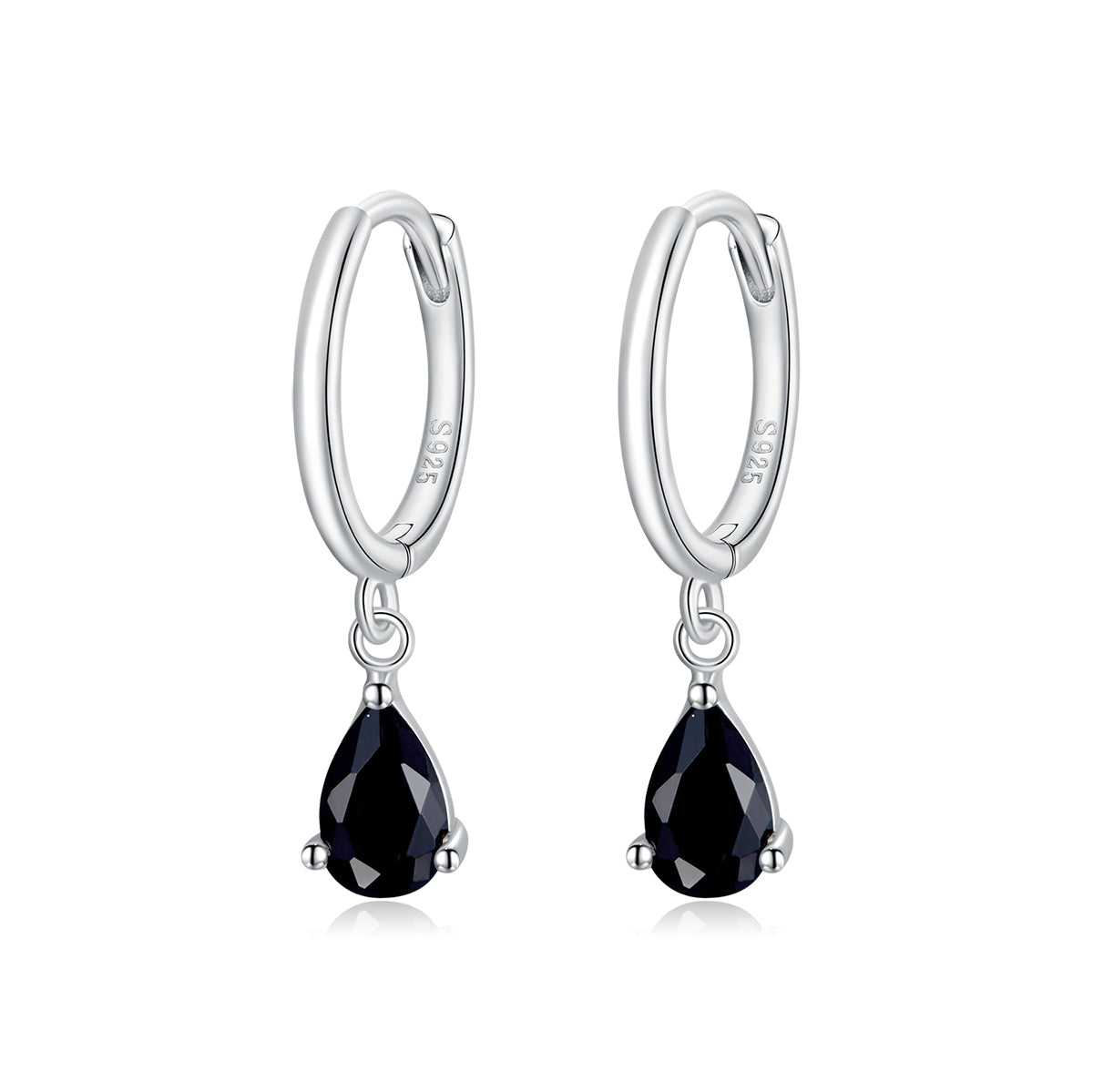 Silver hoop earrings with black teardrop gemstones on a white background