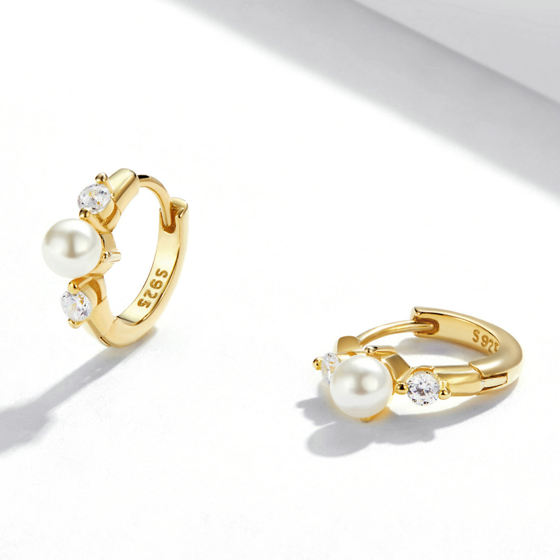 Gold Pearl Hoops with Crystals