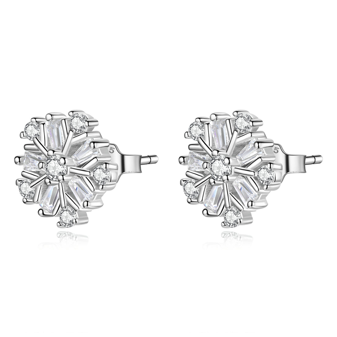 Pair of silver earrings with clear gemstones on a white background